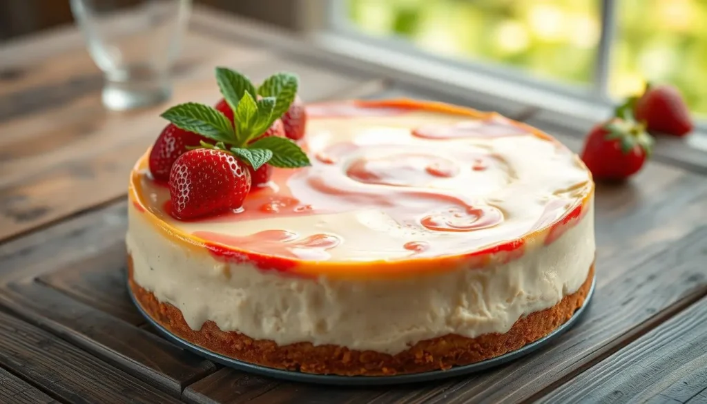 A slice of creamy classic cheesecake garnished with fresh berries and a drizzle of sauce on a white plate