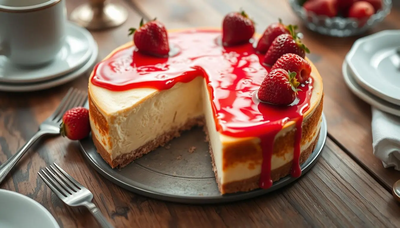 A slice of creamy classic cheesecake garnished with fresh berries and a drizzle of sauce on a white plate