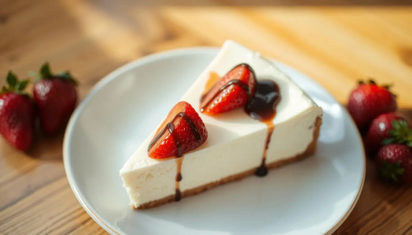 A slice of creamy classic cheesecake garnished with fresh berries and a drizzle of sauce on a white plate