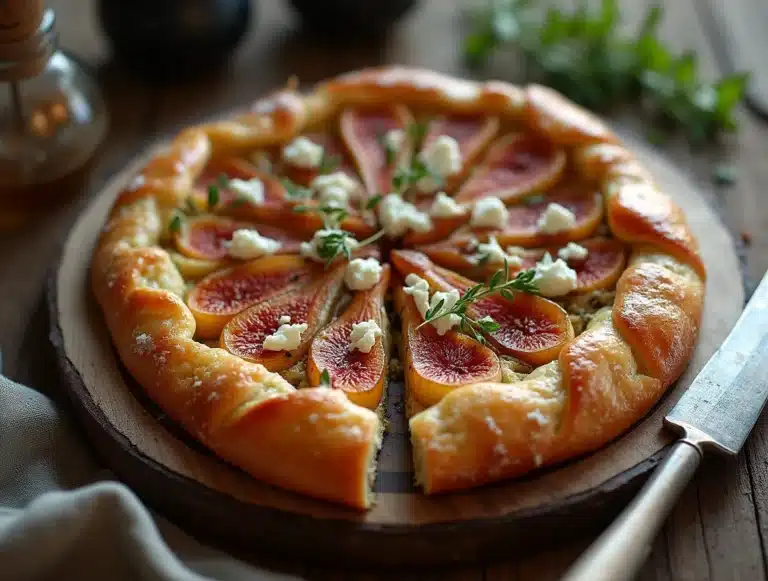 a beautifully baked fig and goats cheese puff pastry tart golden and flaky topped with caramelized