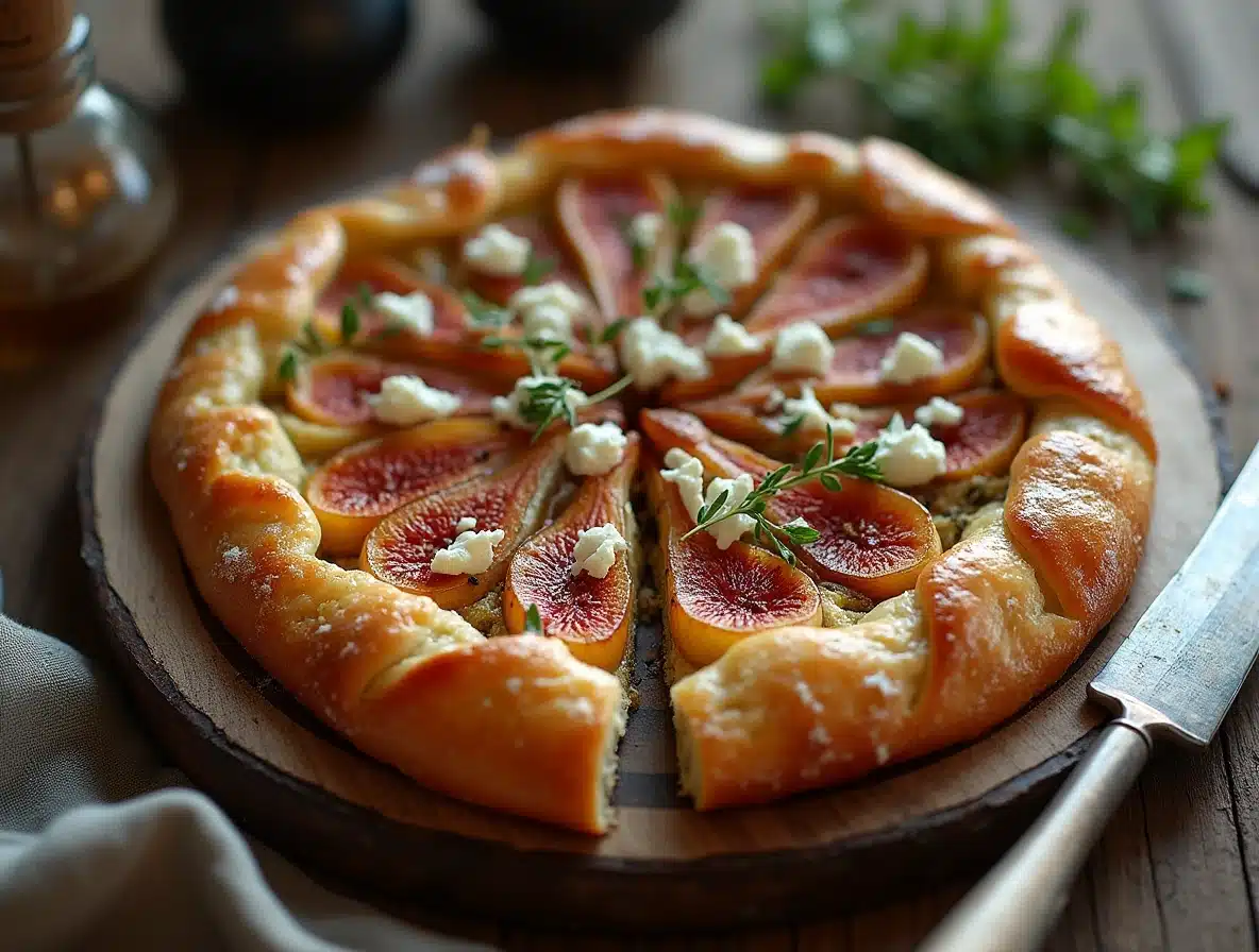 a beautifully baked fig and goats cheese puff pastry tart golden and flaky topped with caramelized