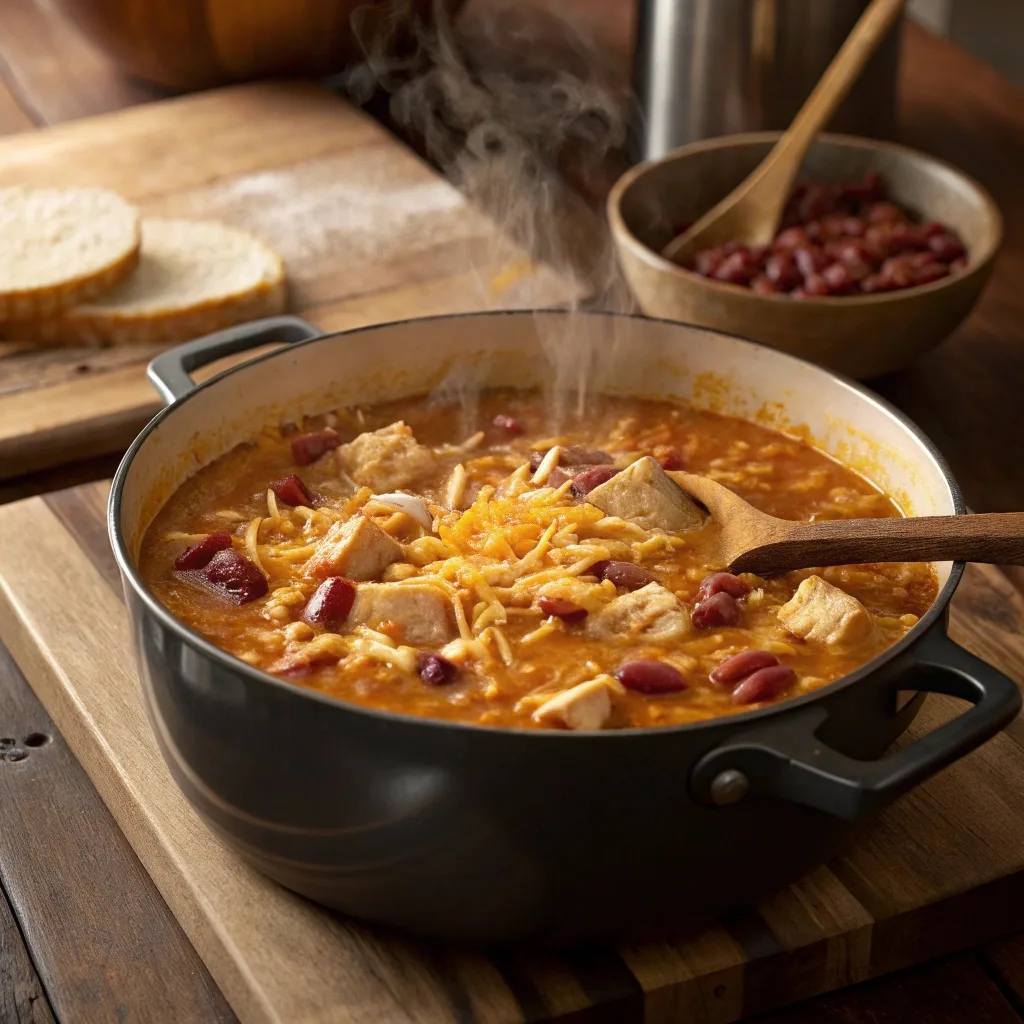 Cheesy Chicken Chili Simmering on Stove