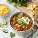 Served Bowl of Cheesy Chicken Chili with Toppings