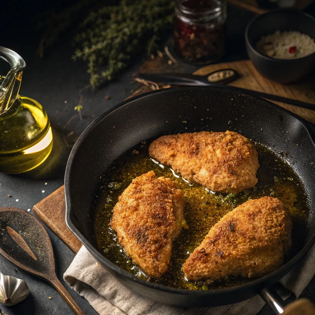Chicken Breasts Cooking Until Crispy in Pan