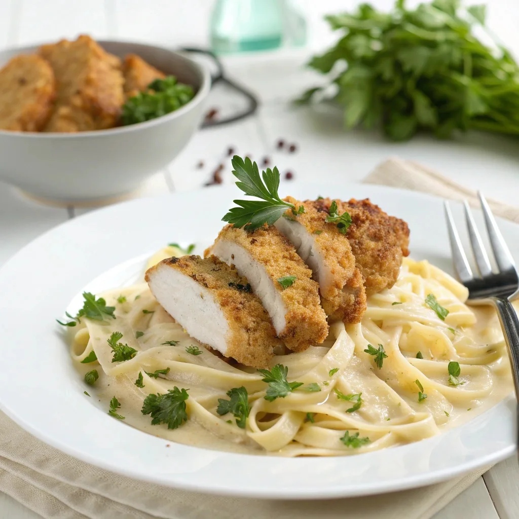 Crispy Chicken Served Over Creamy Pasta