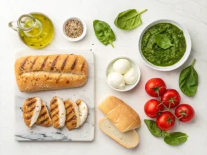 Pesto chicken sandwich ingredients arranged on a kitchen counter