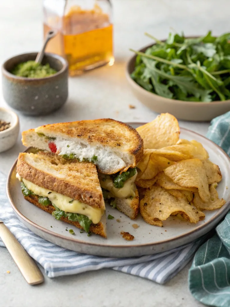Pesto chicken sandwich sliced and served with chips and salad