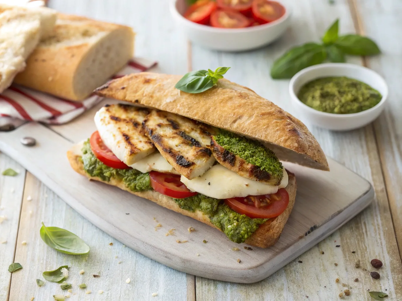 How to make pesto chicken sandwich with melted mozzarella and toasted ciabatta