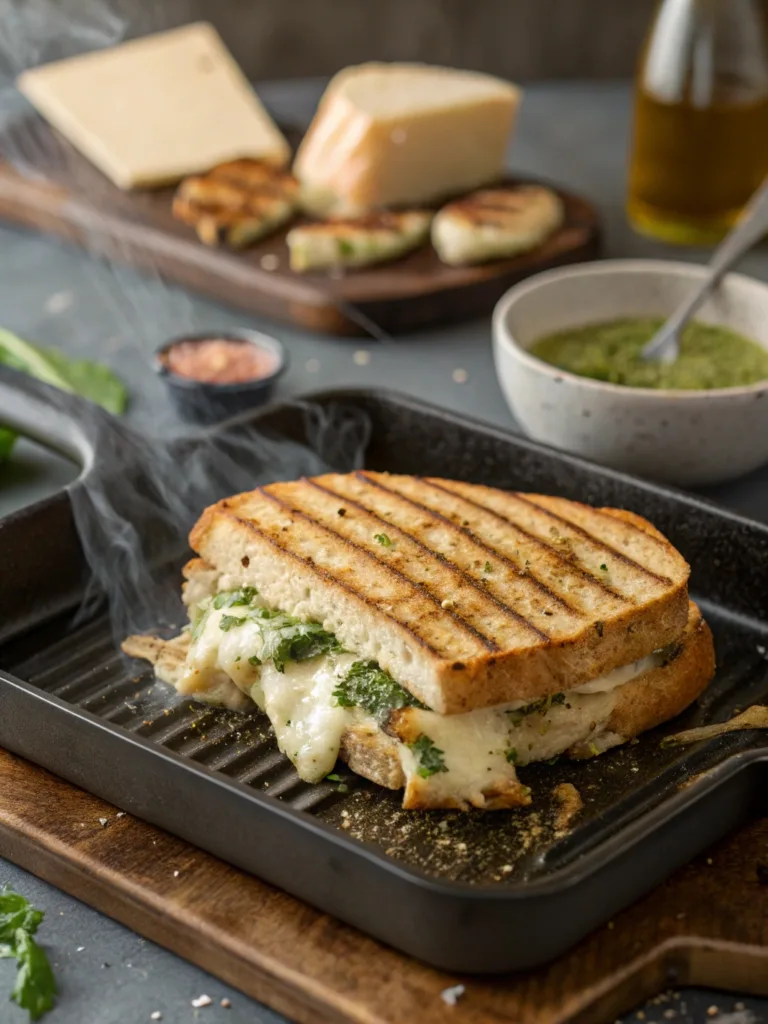 Grilled pesto chicken sandwich being toasted with golden grill marks