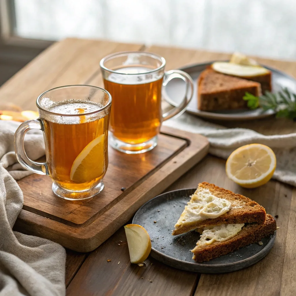 served apple peel tea with cheese toast