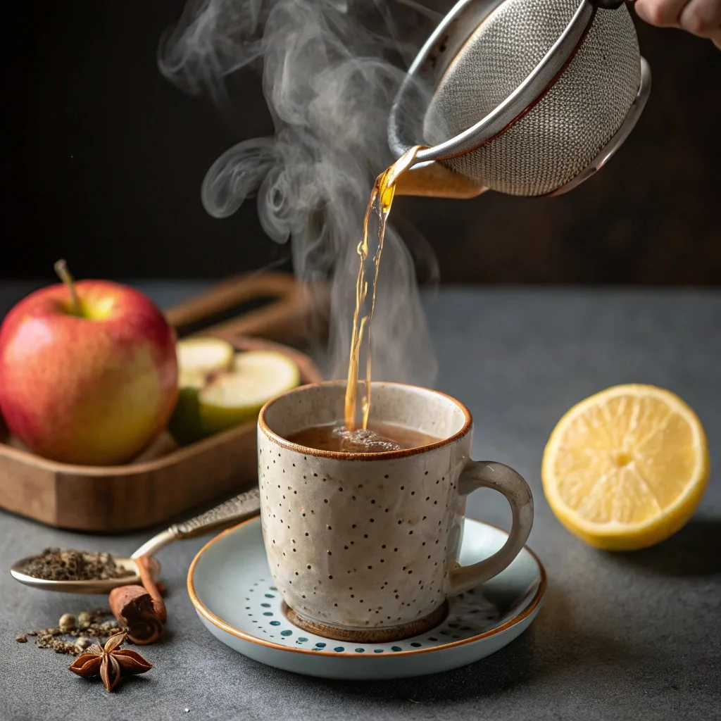 straining apple peel tea into mug