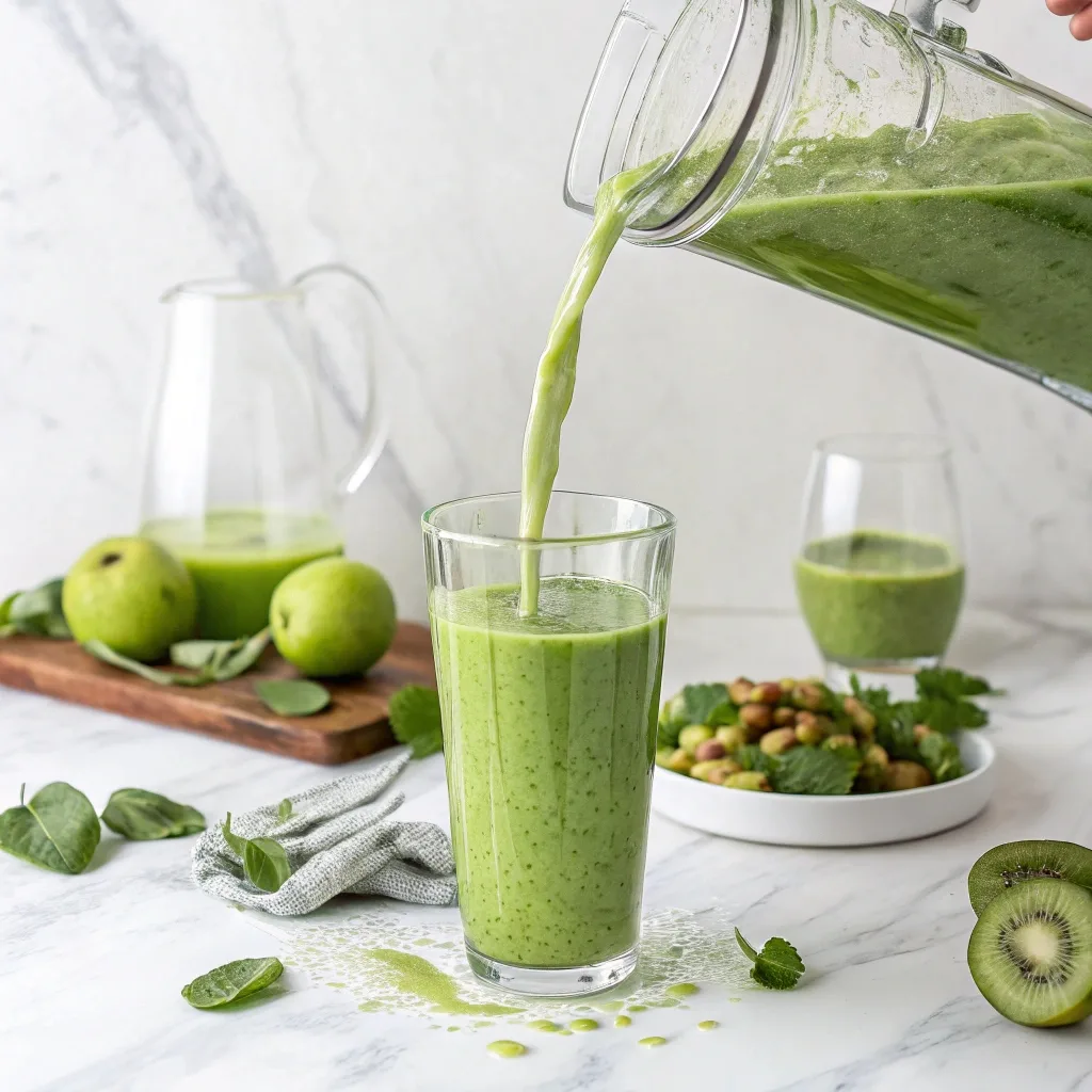 pouring spirulina guava smoothie into glass