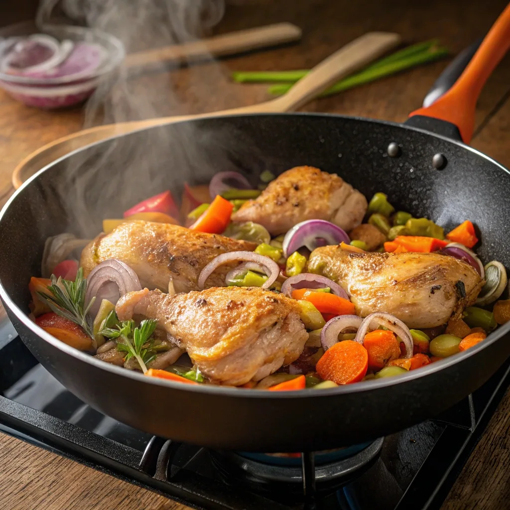 Chicken and veggies sautéing for pot pie bowl