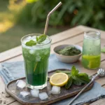 Spirulina lemonade drink served with lemon and mint