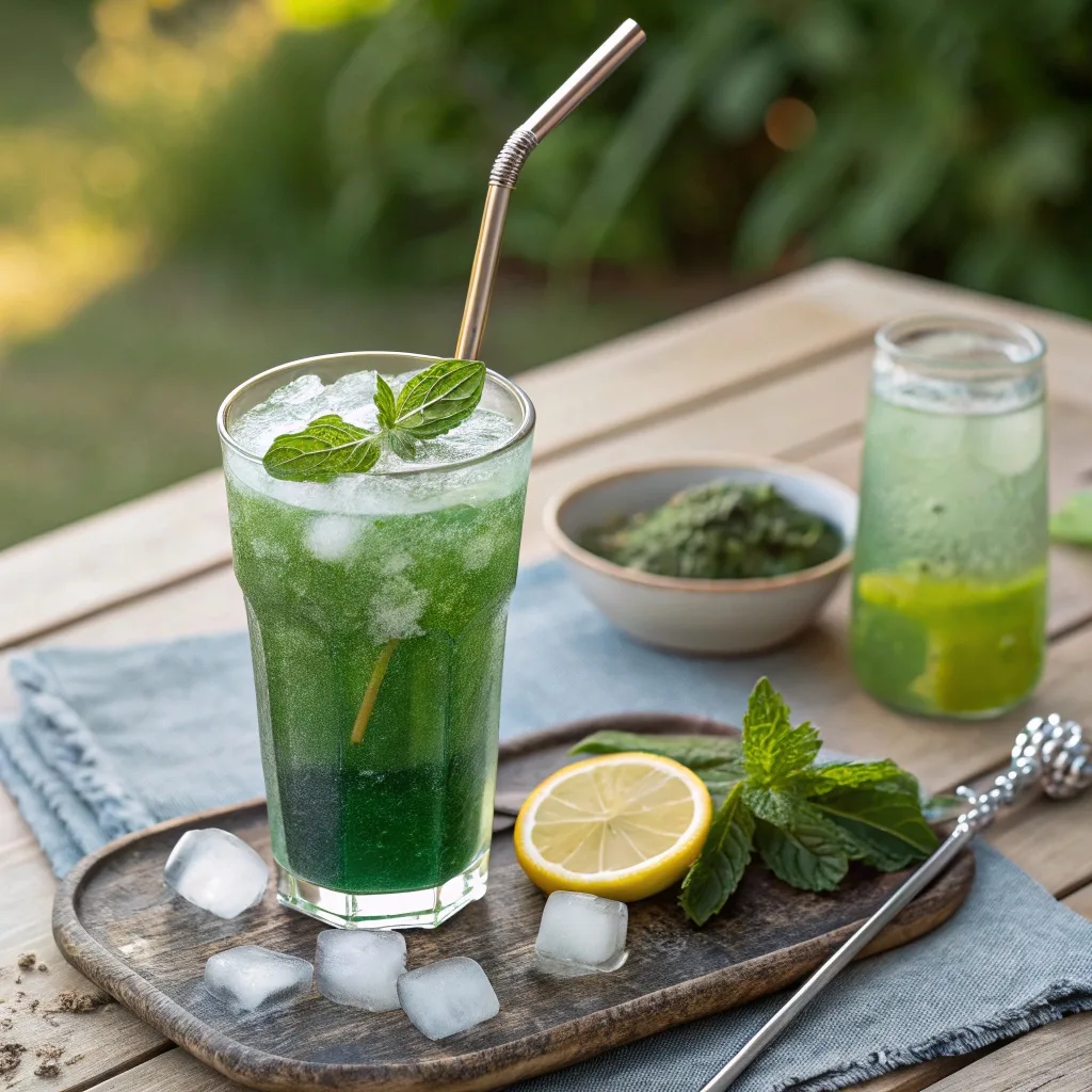 Spirulina lemonade drink served with lemon and mint