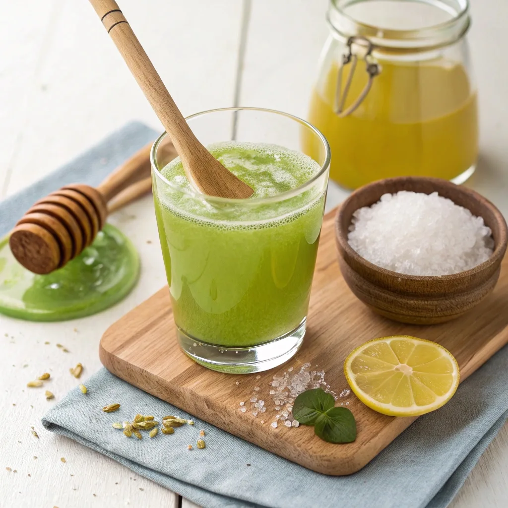 Stirring spirulina lemonade with sweetener and salt