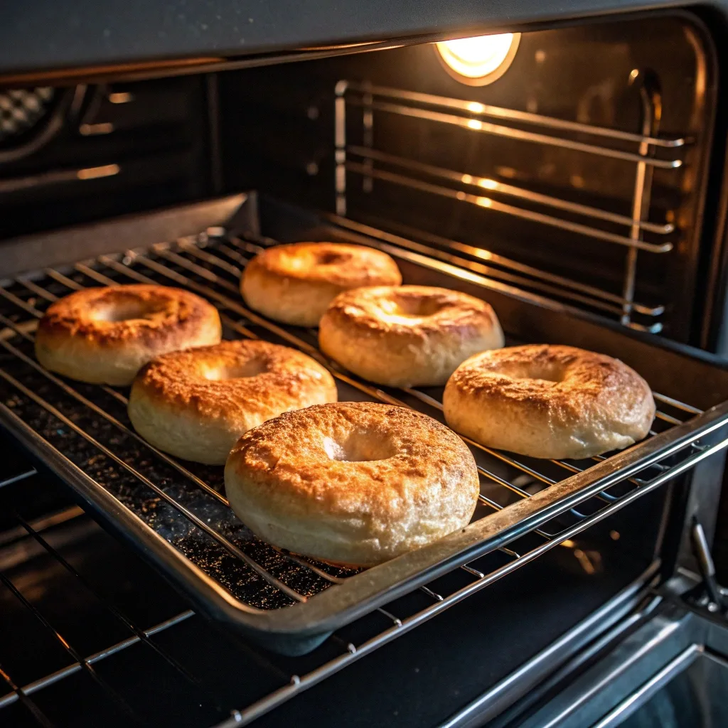 Cottage cheese bagels baking in oven