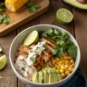Street corn chicken rice bowl with toppings