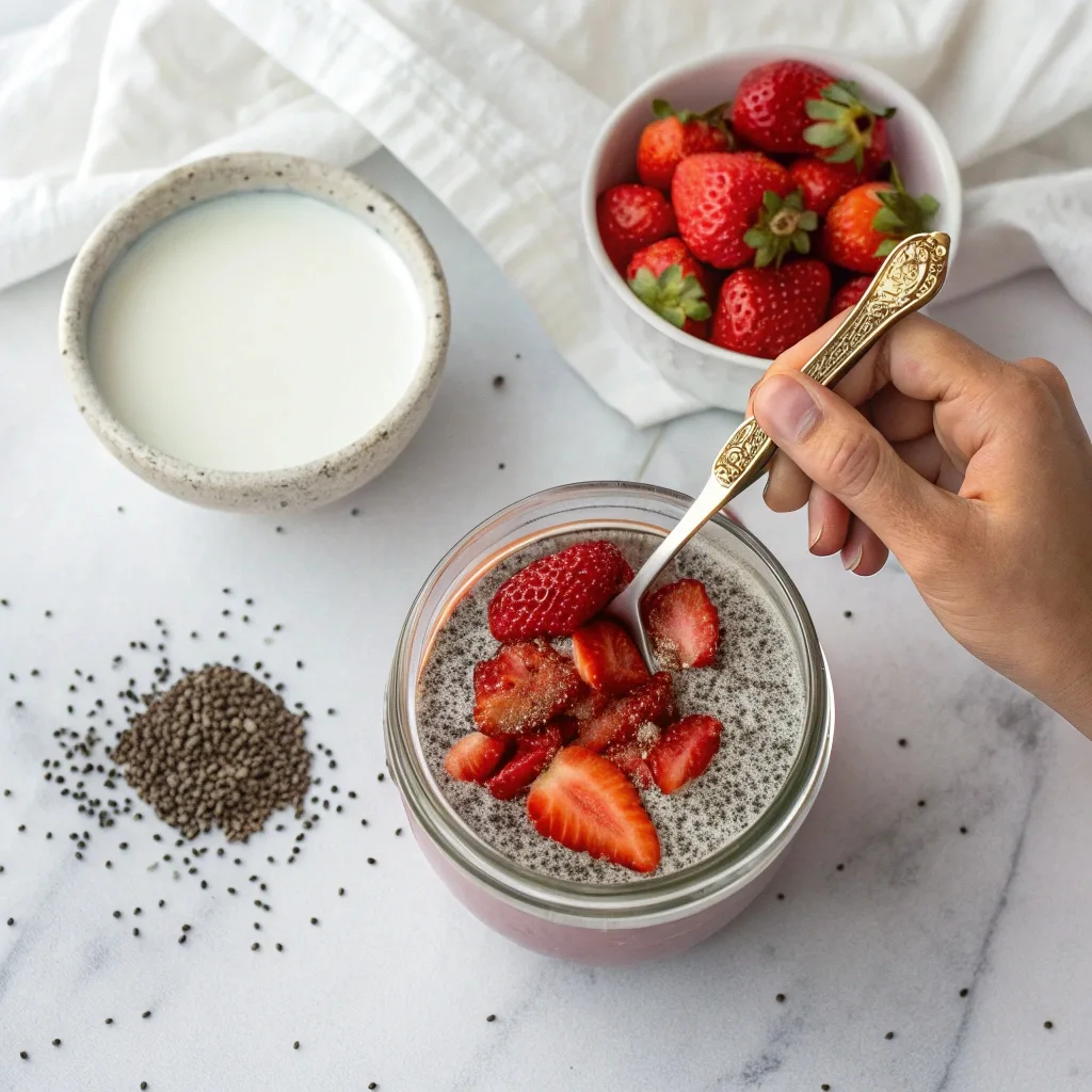Mixing Strawberry Chia Pudding Ingredients