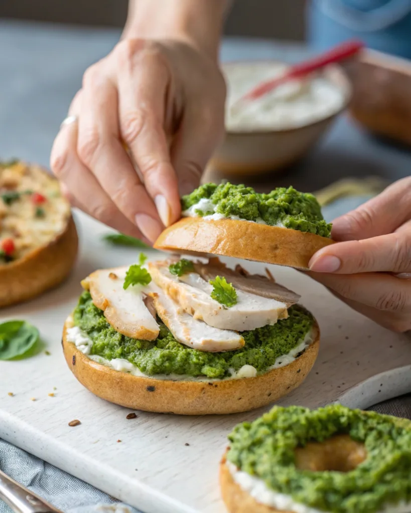 assembling chicken pesto bagel with Greek yogurt