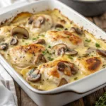 Creamy chicken casserole in a baking dish with mushroom sauce
