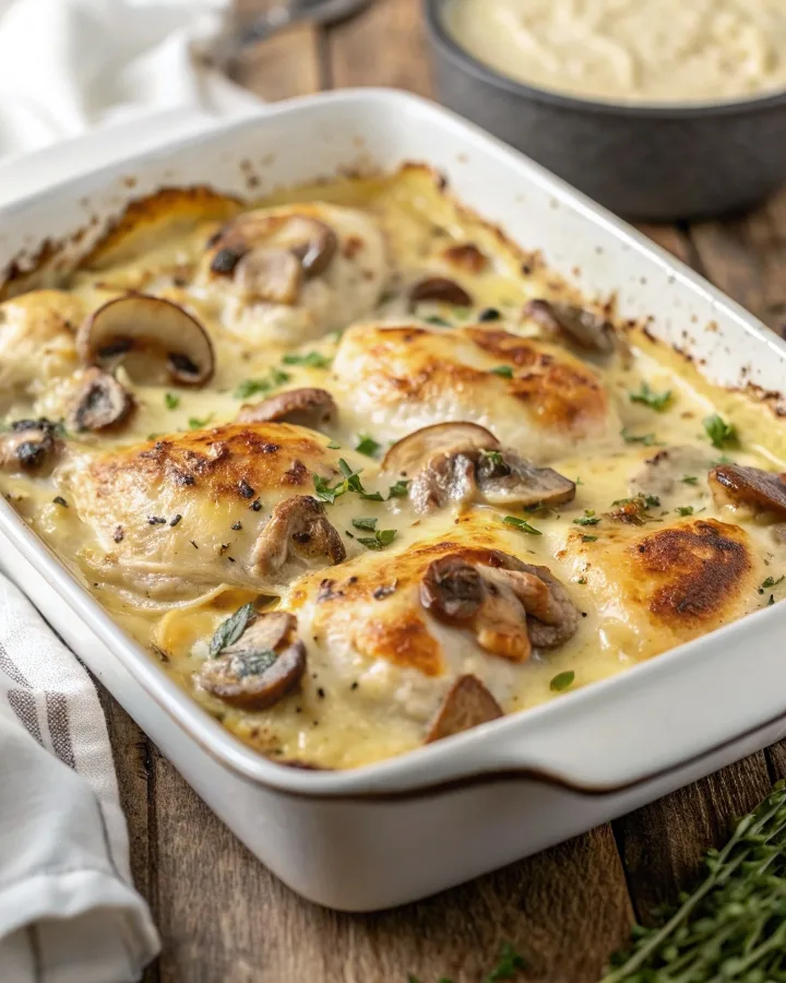 Creamy chicken casserole in a baking dish with mushroom sauce