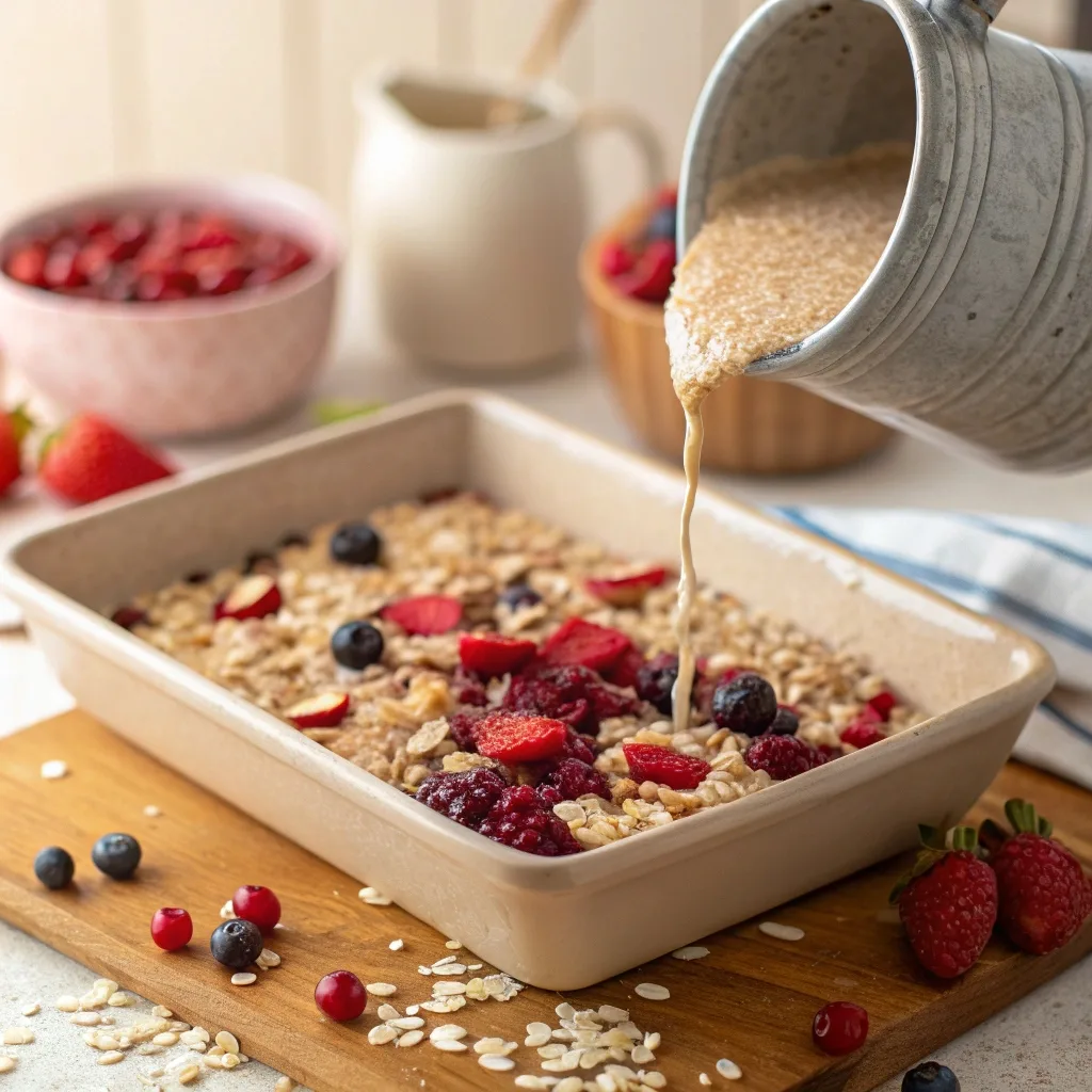 Pouring berry oatmeal mixture into baking dish
