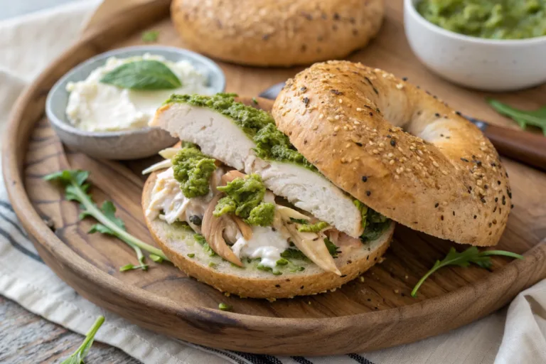 chicken pesto bagel with Greek yogurt on wooden plate