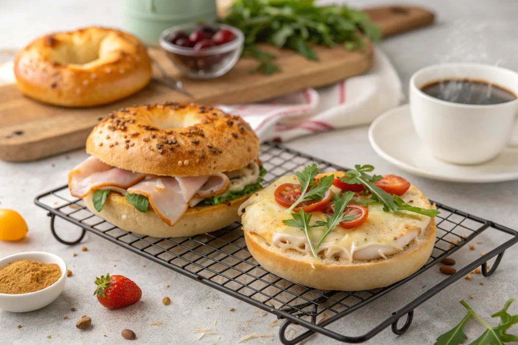 Cottage cheese bagel sandwich on a brunch plate