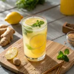 Natural Zepbound drink recipe in a tall glass with lemon, lime, mint, and ginger
