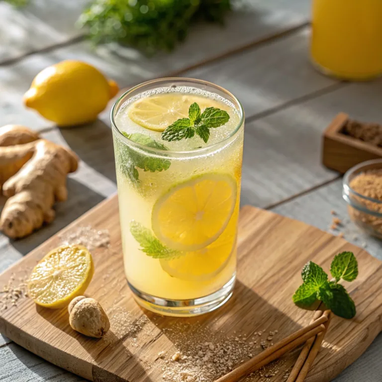 Natural Zepbound drink recipe in a tall glass with lemon, lime, mint, and ginger