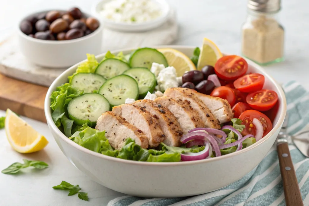 Greek Chicken Salad Bowl ingredients laid out