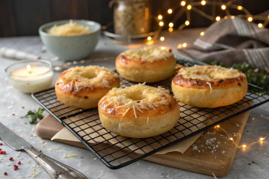 Parmesan-topped cottage cheese bagels cooling