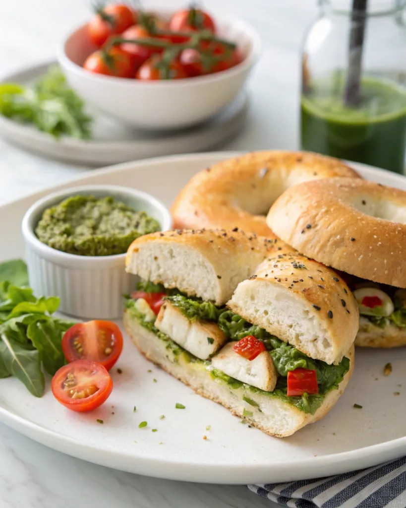 served chicken pesto bagel with Greek yogurt