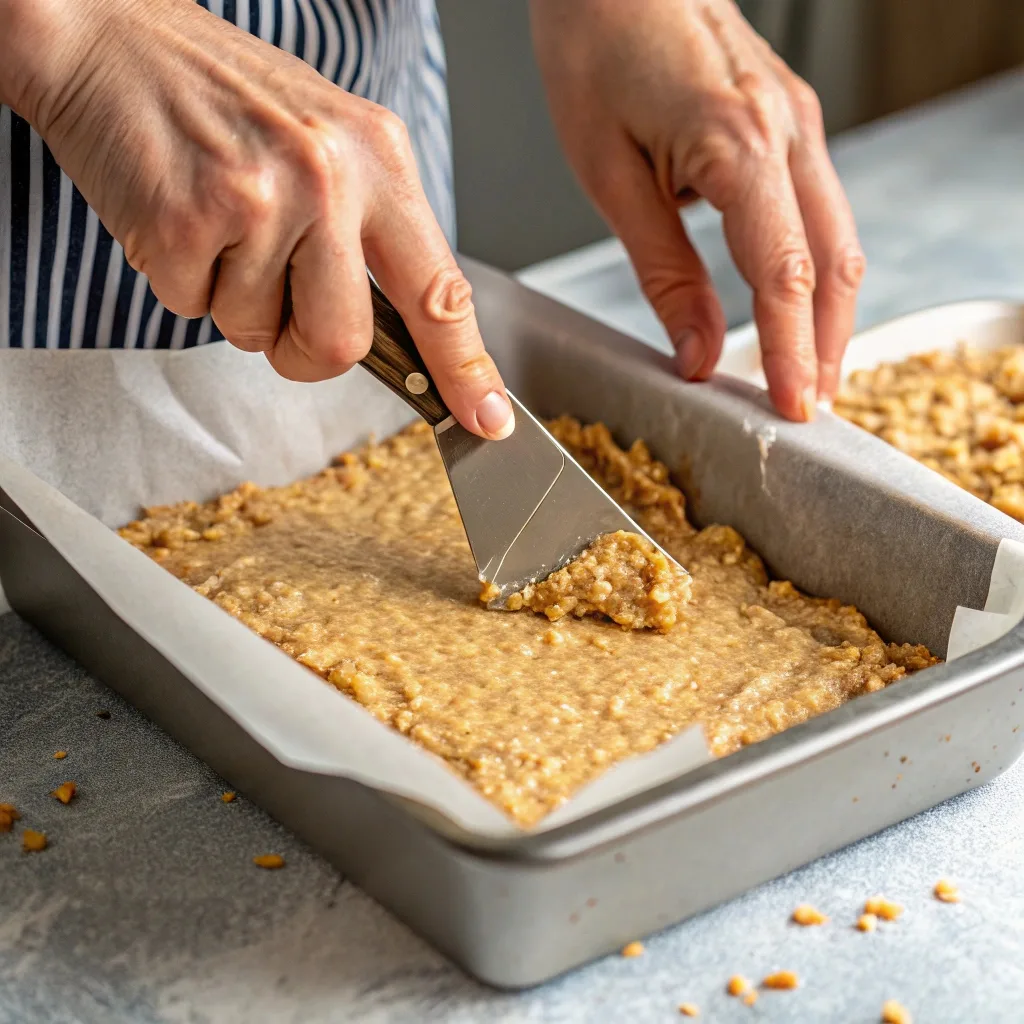 Pressing No-Bake Peanut Butter Oat Bars into Pan
