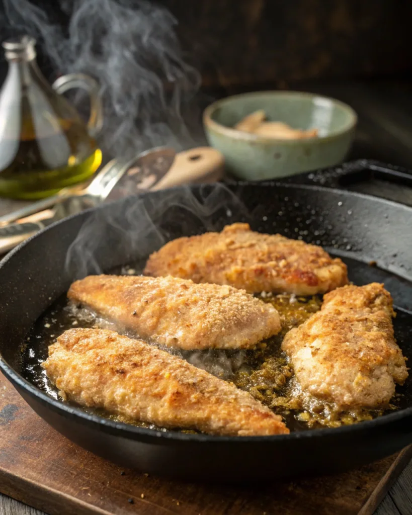 Creamy chicken casserole in a baking dish with mushroom sauce