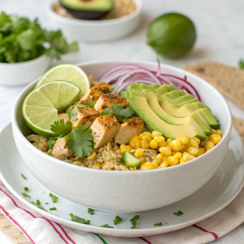 Served street corn chicken rice bowl