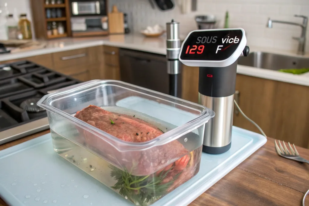 sous vide tri tip roast cooking at 129°F