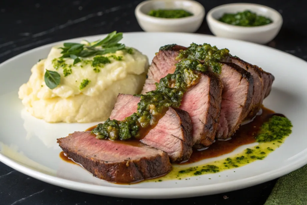 sliced tri tip served with sides