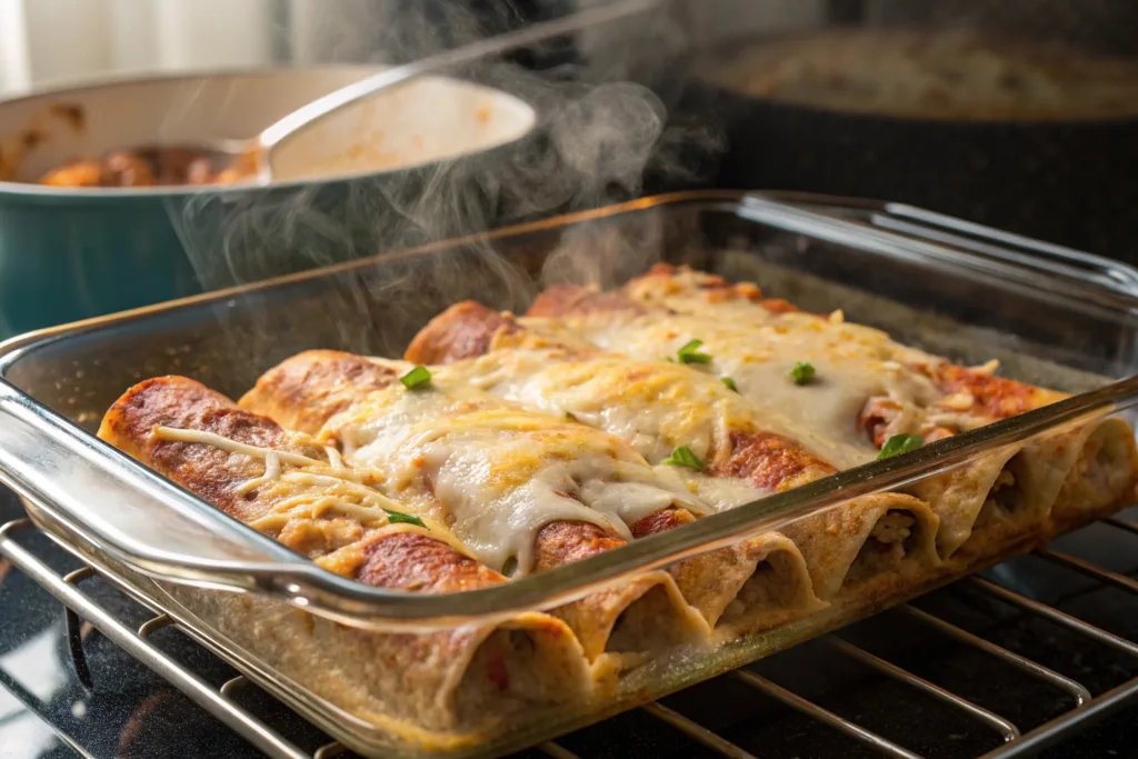 enchiladas baking with cheese on top