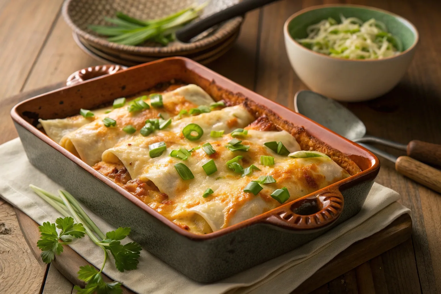 cheesy chicken enchiladas in baking dish