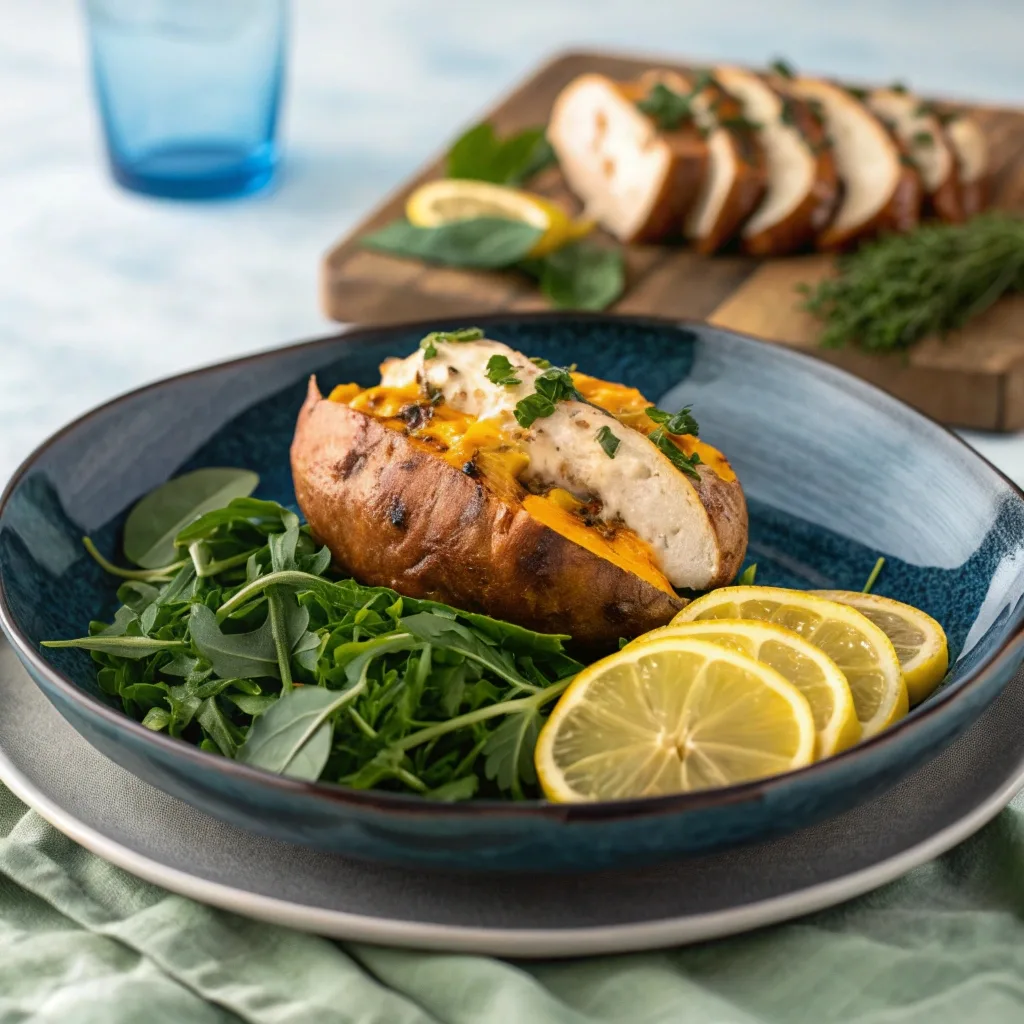 High protein meal featuring cheese stuffed sweet potato, grilled chicken, and arugula salad.