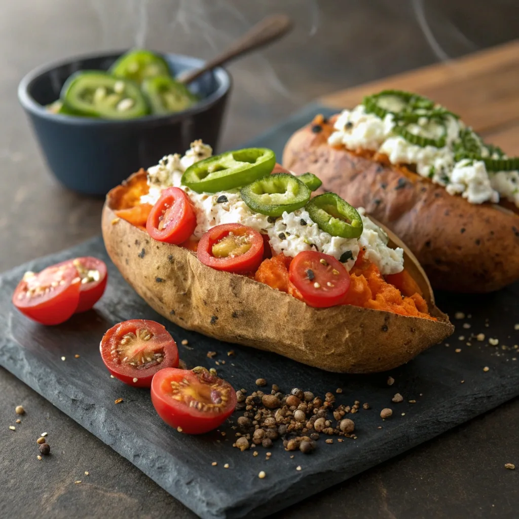 Three different healthy variations of cheese stuffed sweet potatoes.
