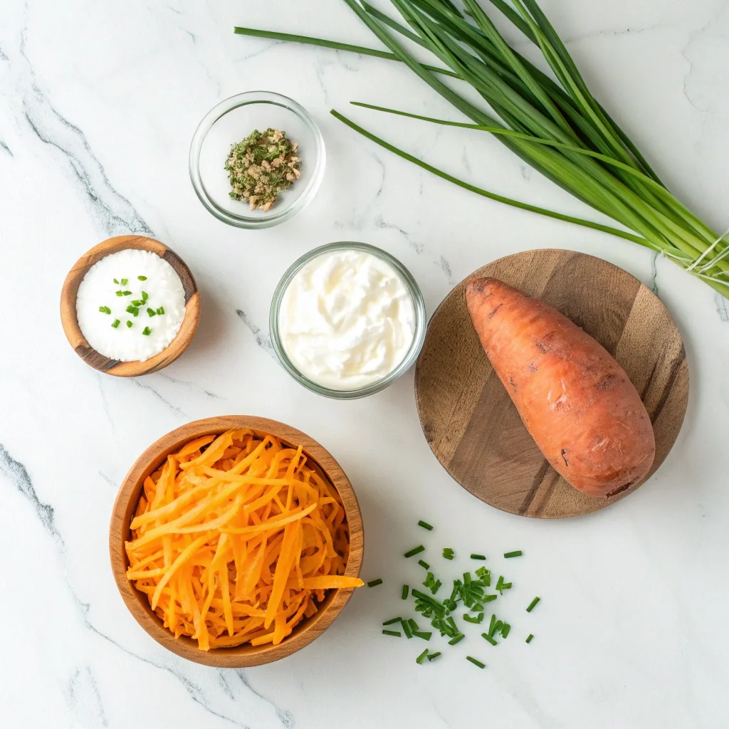 Ingredients for healthy stuffed sweet potato including cheddar cheese and Greek yogurt.