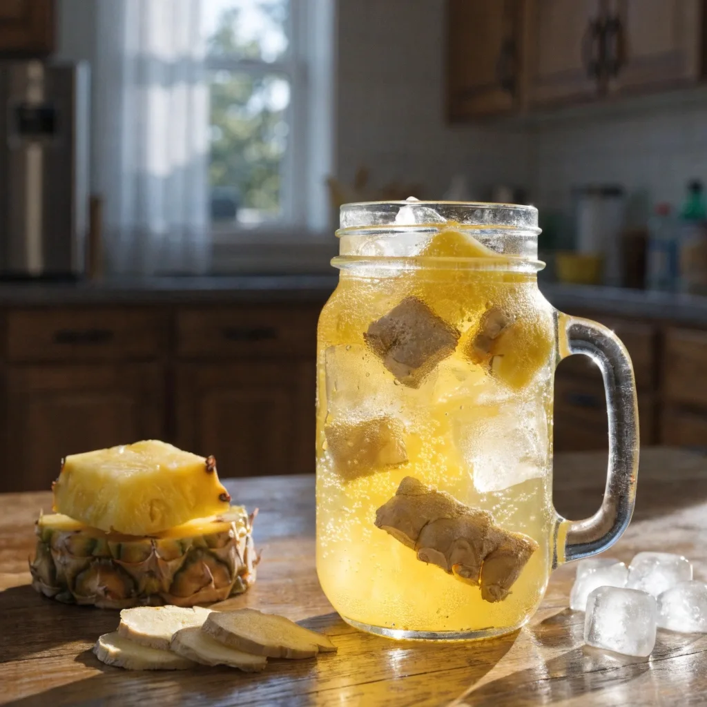 Pineapple ginger detox drink in glass jar with fresh ingredients