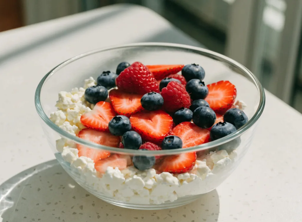 Berries added to high protein cottage cheese weight loss bowl