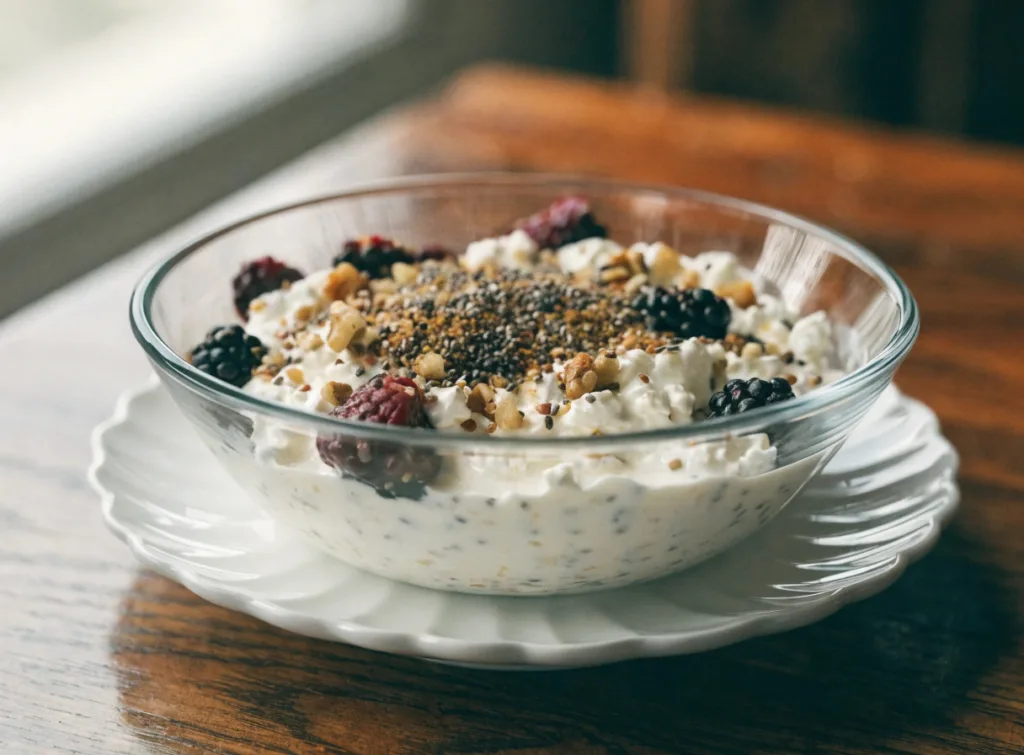 Seeds and walnuts on high protein cottage cheese weight loss bowl